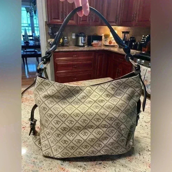 Dooney & Bourke Tan/Brown Jacquard DB Monogram Y2K Hobo Leather Shoulder Bag - Picture 5 of 16